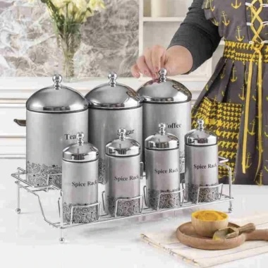 سرویس ادویه و پاسماوری 8پارچه نقره ای درب کروم استند کروم ریور